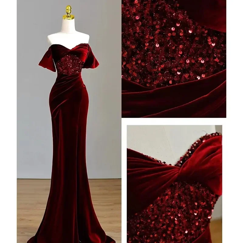 Customized Fishtail Bride Wine Red Engagement Dresses Wedding Party Vestidos One Shoulder Slim Fit Evening Dress Velvet Sequins