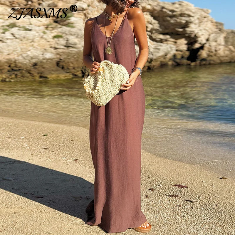 Summer Fashion Solid Sleeveless Long Dress Sexy Sling V Neck Boho Dresses For Women Casual Holiday A-Line Backless Beach Dresses