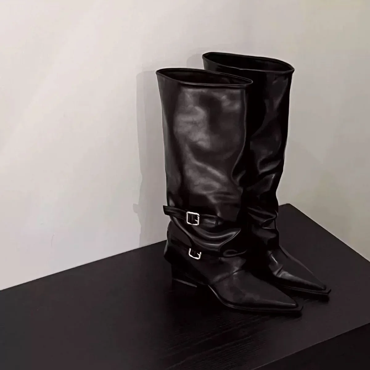 Vintage Damenstiefel mit Dickem Absatz, Frühling/Herbst, Elegante Ritterstiefel mit Gürtelschnalle – Detail 10