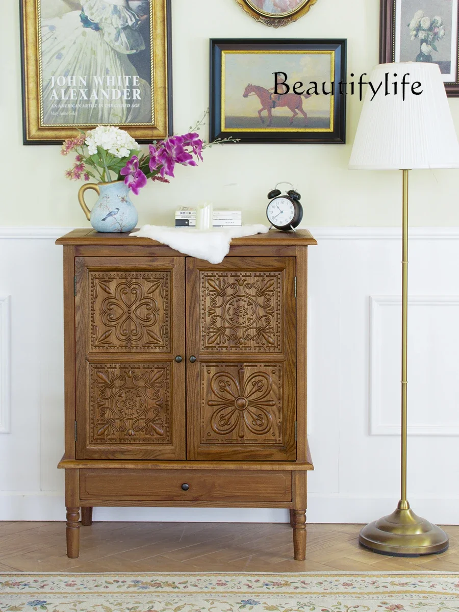 

American Country Solid Wood Chest of Drawers Vintage Pastoral Style Carved Locker