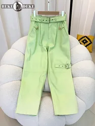 New Genuine Leather Pants Women Belt High Waist Hip Hop Sheepskin Straight Pants Casual Fashion Ladies Ankle Length Trousers