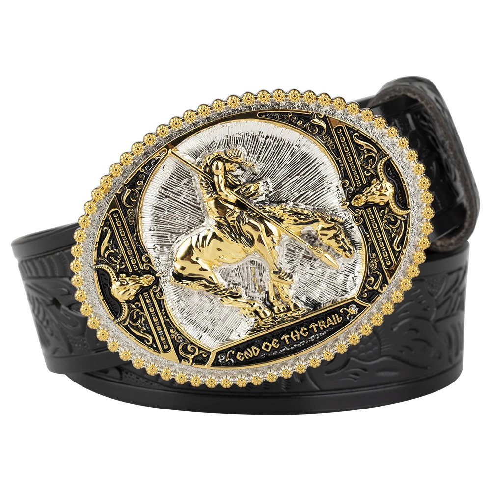 

Men's Embossed Leather Belt Soldier Bull Head Gold Buckle Casual Decoration