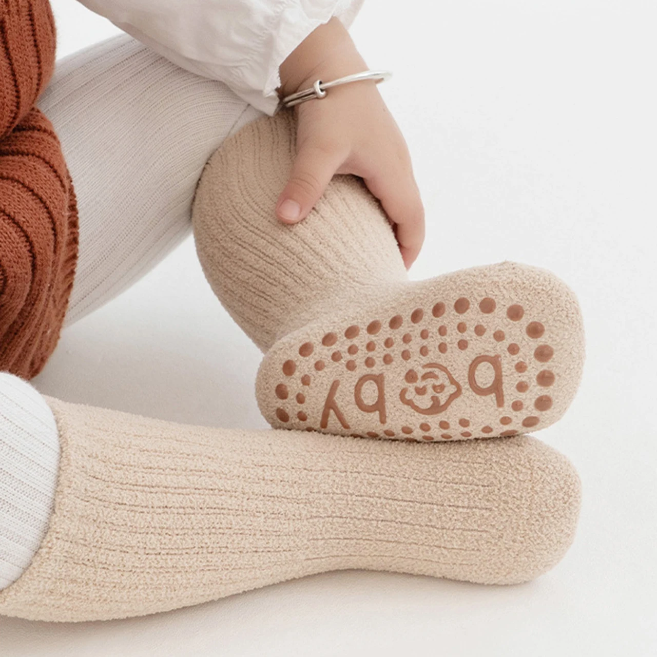 Winter Indoor Toddler Floor Sock Fleece-lined Non-slip Sock Thicken Warm Baby Plush Socks Solid Color Kids Calf Sock 1-5Year