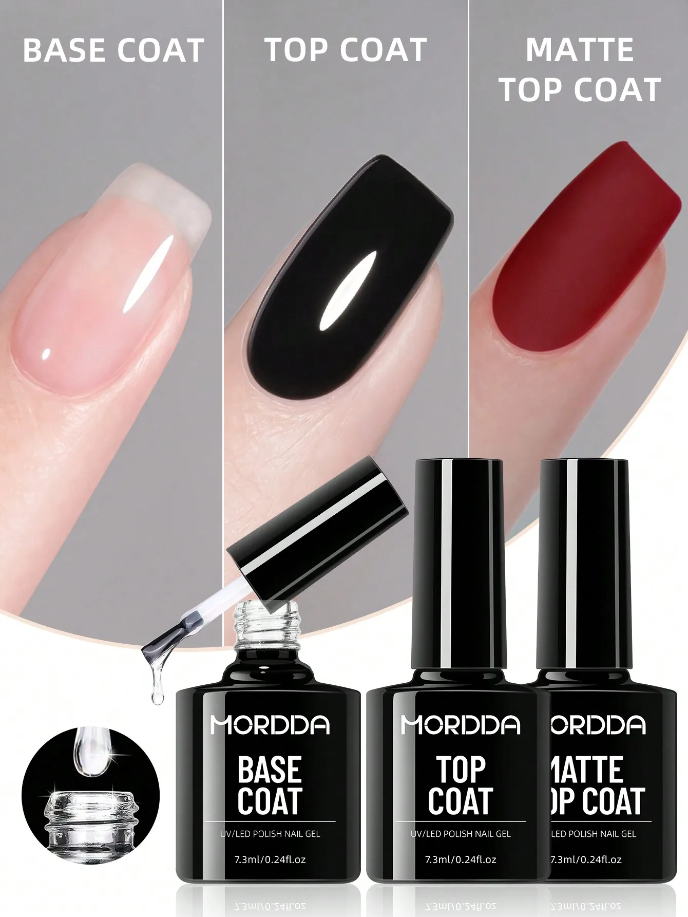 3 pièces manteau de base, couche de finition et couche de finition mate. Gel UV LED Soak Off, 7,3 ml chacun. Longue durée, haute brillance
