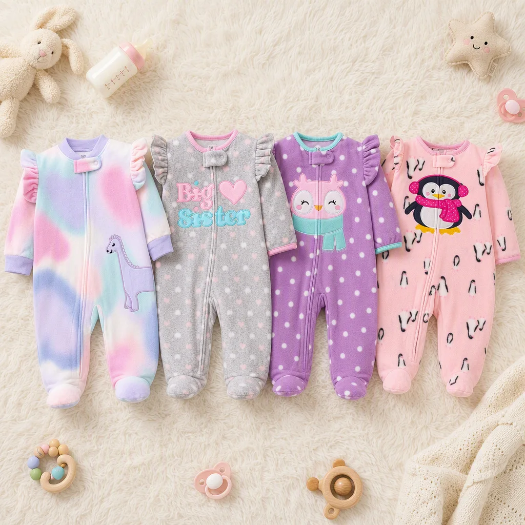 Infant Girls Polar Fleece Footed Romper Heart Polka Dot Print Cute Animal Letter Embroidery Zip Onesie Fall Winter Baby Clothes