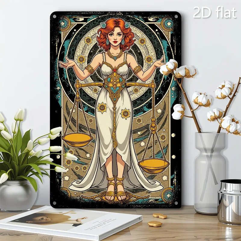 Vintage Justice Goddess Metal Wall Art, Retro Decorative Plaque with Golden Scales & Blindfold, Indoor Hanging Decoration, 2D