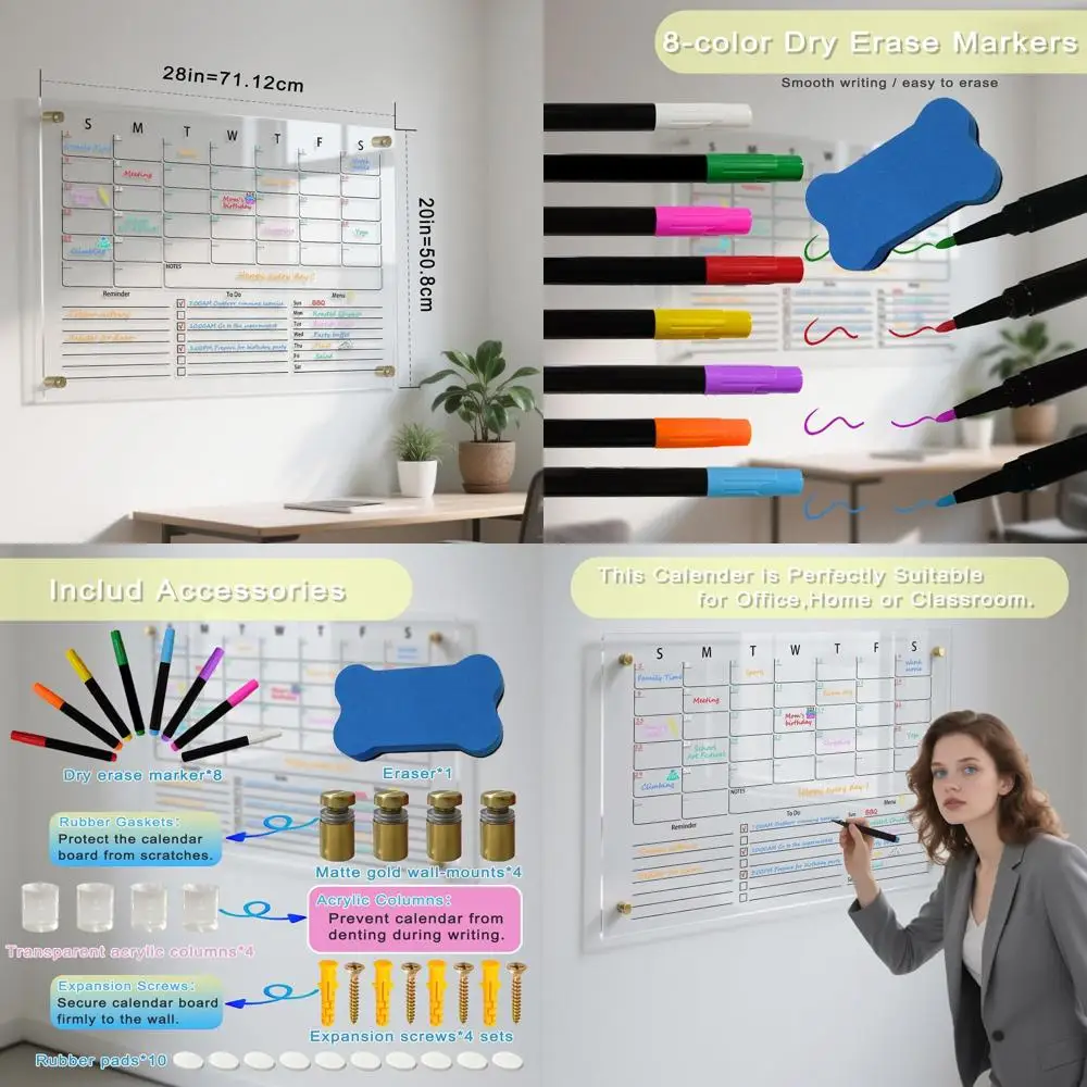 

Wall-Mounted Clear Acrylic Monthly Planner, Dry Erase Whiteboard with 8 Color Markers, Ideal for Home, Office, and Classroom