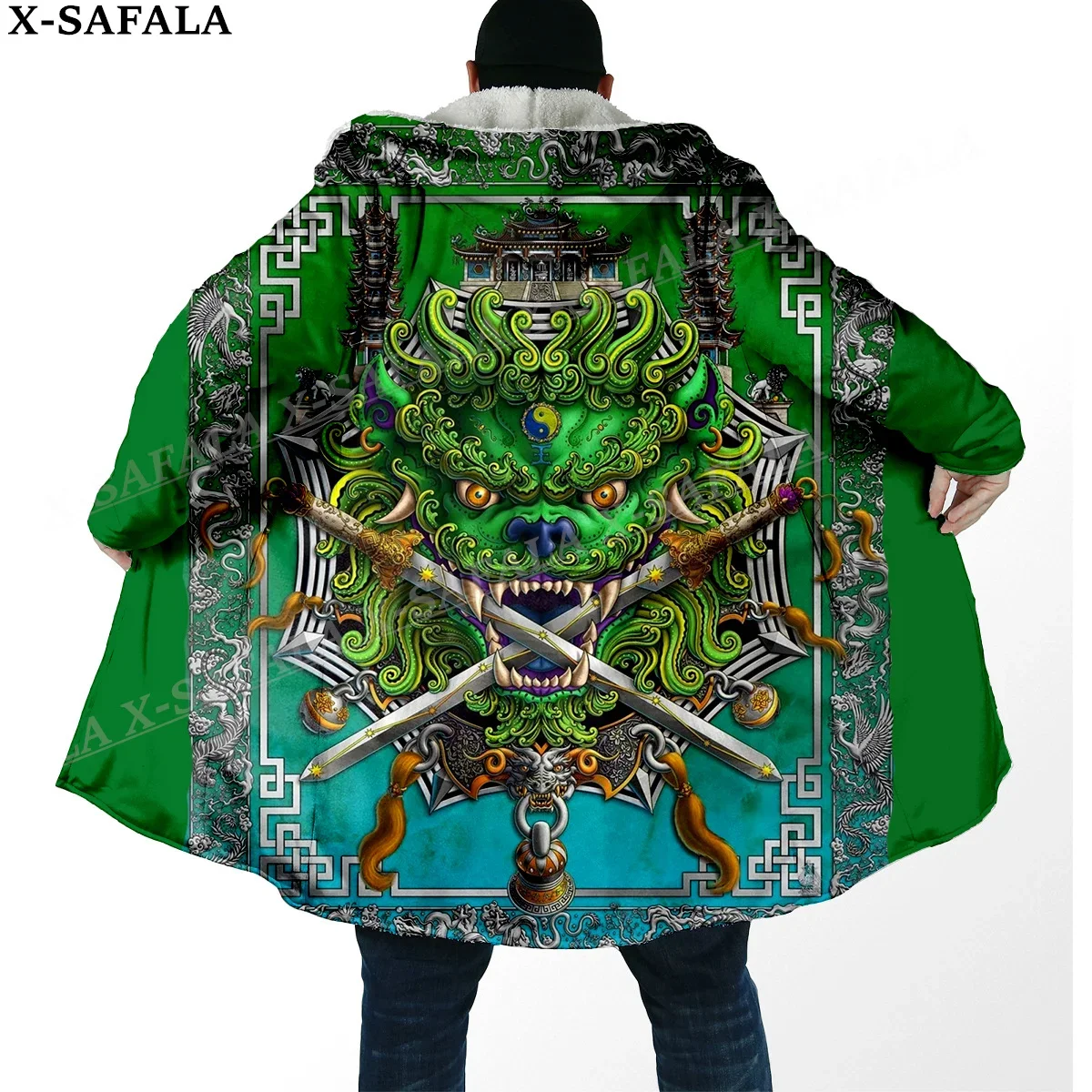 

Throw Sword Lion The Eight Diagrams Print Thick Warm Hooded Cloak Men Overcoat Coat Windproof Fleece Cape Robe Hooded Blanket-6