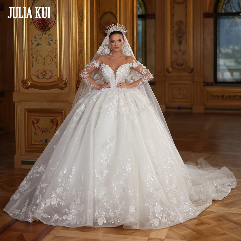 ジュリア・クイ カスタムメイド シャイニーレース オフショルダー フルスリーブ ボールガウン パフスリーブ ウェディングドレス ビーズアップリケ レース ブライダルドレス