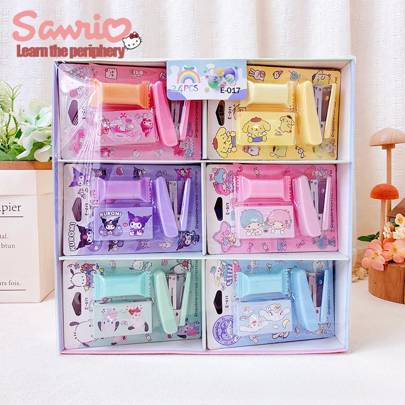 24pcs Sanrio Cartoon Kulomi Mini Stapler Combination Student With Small Size Binder Highlighter Set Kids Stationery Wholesale