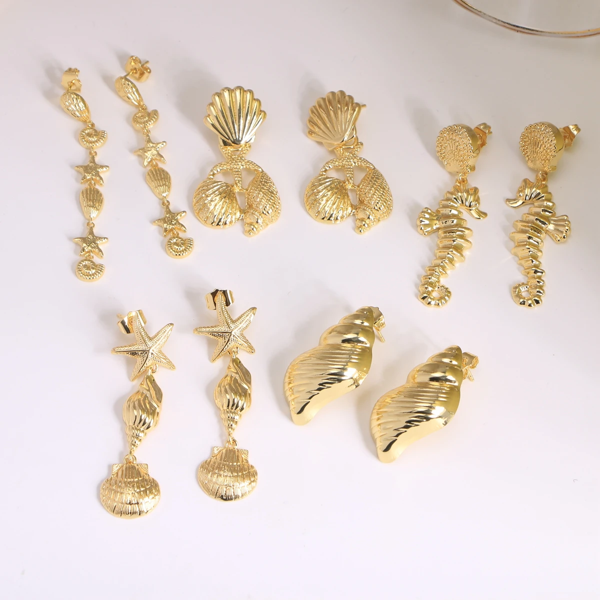 5 Pairs, Gold Plated Star Shell Earrings For Women Gold Color Seahorse Dangle Earring 2025 Fashion Ocean Hoilday Jewelry