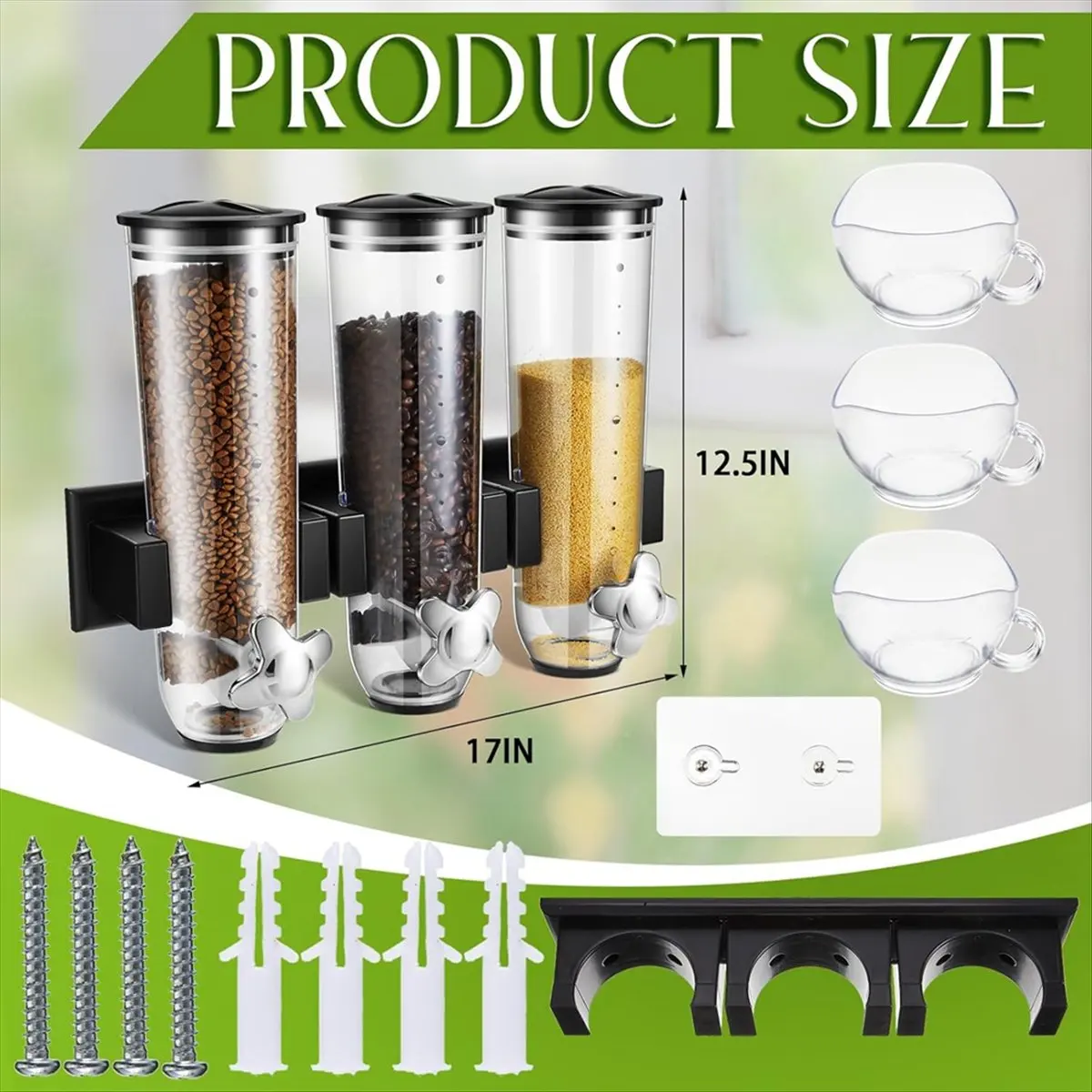Candy Dispenser Wall Mounted,Triple Dry Cereal Grain Dispenser Machine Wall Mount,Food Storage Container for Pantry &LICG