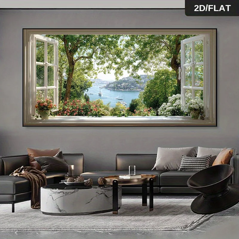 Modern Abstract Window to a Garden Scene Canvas Painting - Open Window View with Greenery, Floral Accents -  Living Room & Bedro