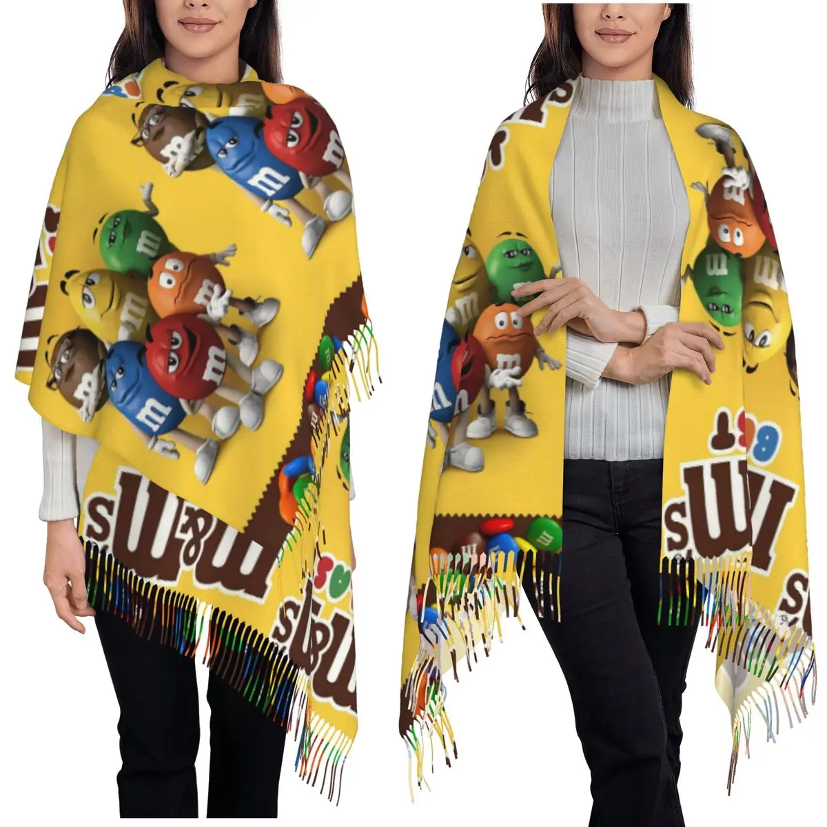 

Конфеты M и M Шоколадный мем Шарф Шарфы с кисточками Женские мягкие теплые шали и накидки Длинная осенне-зимняя шаль