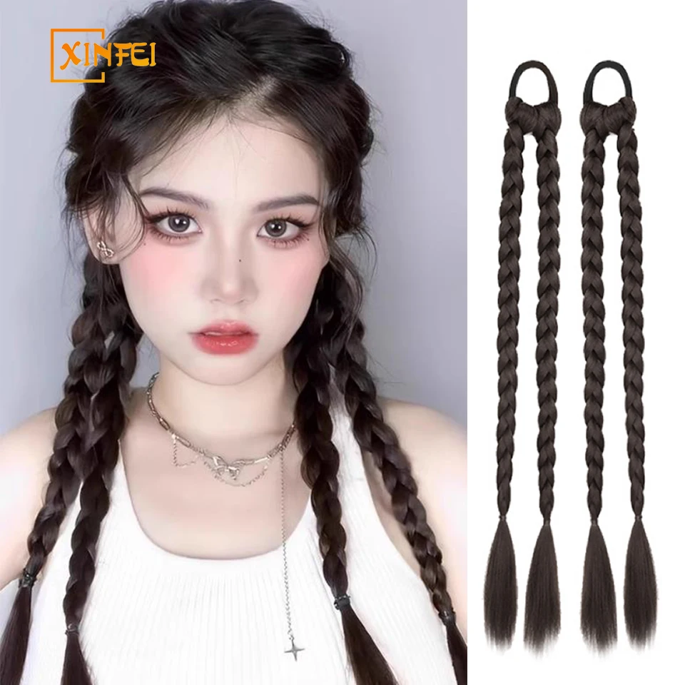 High-temperature Fiber Braid Hair Women\'s Synthetic Sweet And Cool Braid Fluffy And Natural Long Straight Hair Double Ponytail