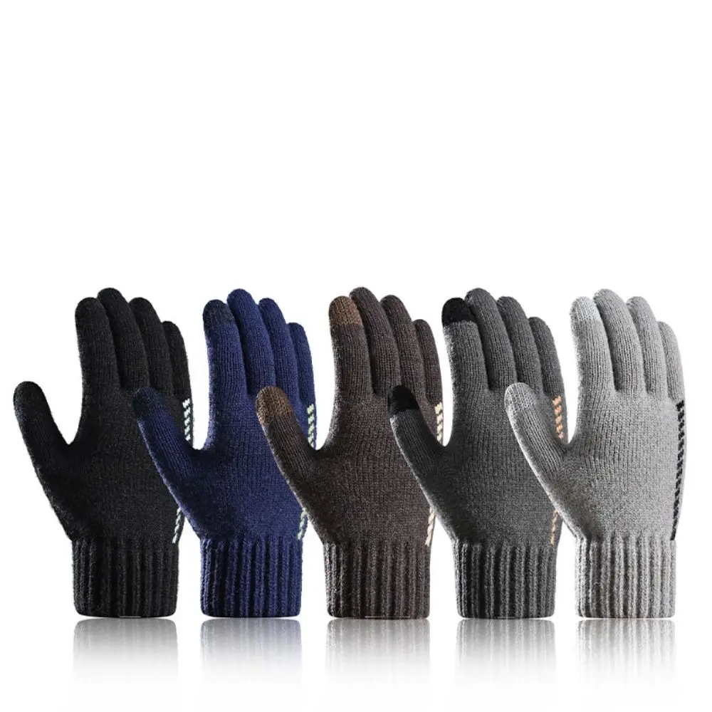 Winter Touchscreen Men Knitted Gloves Thickened Nonslip Knitted Woolen Gloves Mittens Solid Color Full Finger Gloves Male