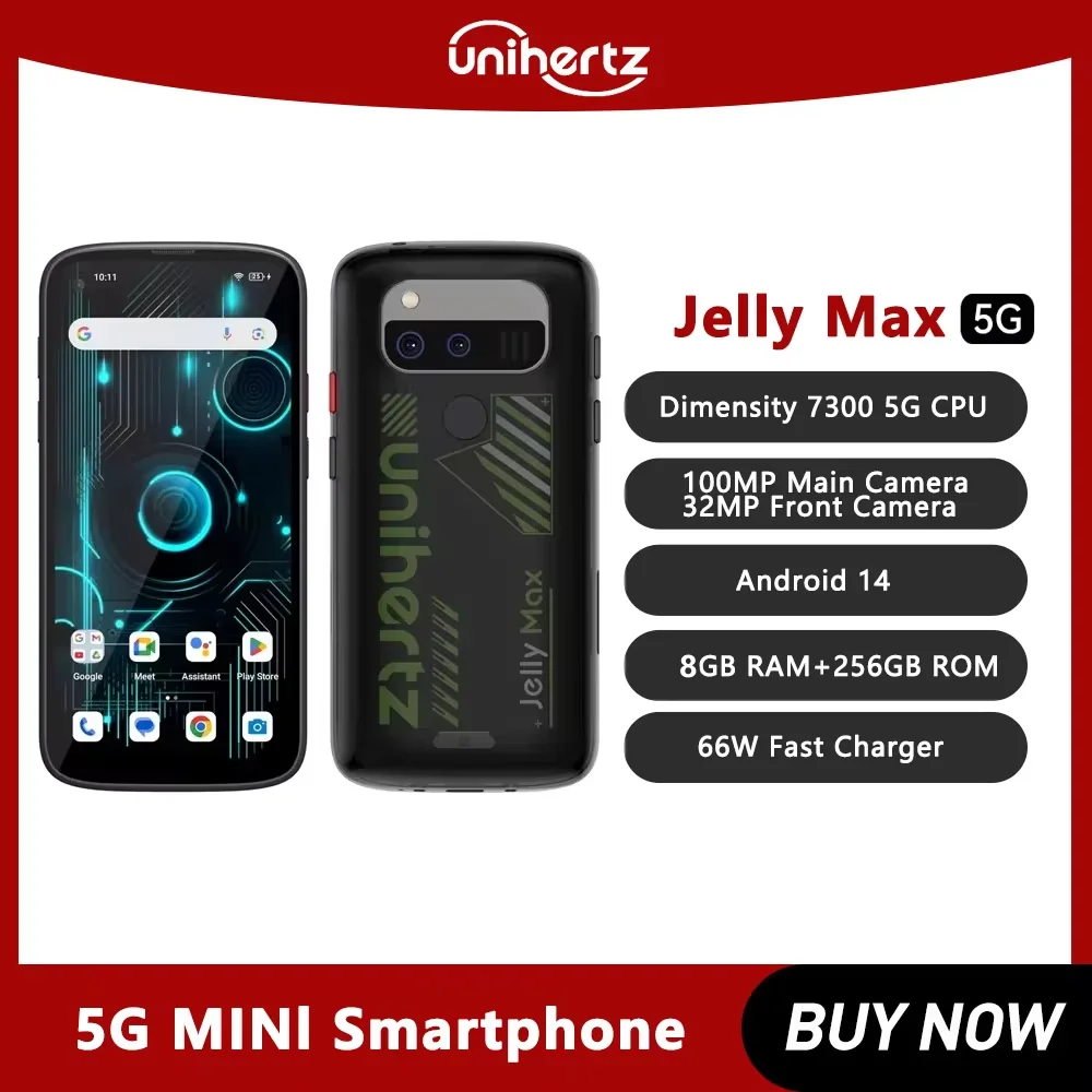 هاتف Unihertz Jelly Max 5G، هاتف ذكي صغير يعمل بنظام أندرويد 14، معالج Dimensity 7300، ذاكرة وصول عشوائي 8 جيجابايت + ذاكرة تخزين 256 جيجابايت، كاميرا بدقة 100 ميجابكسل، بطارية بسعة 4000 مللي أمبير، ش