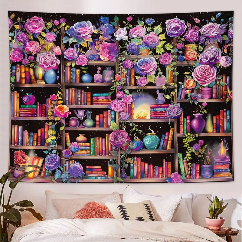 VIKAMA Magic Bookshelf Rose Tapestry, Enchanted Wall Hanging Background Cloth for Whimsical Living Room Aesthetic Decor
