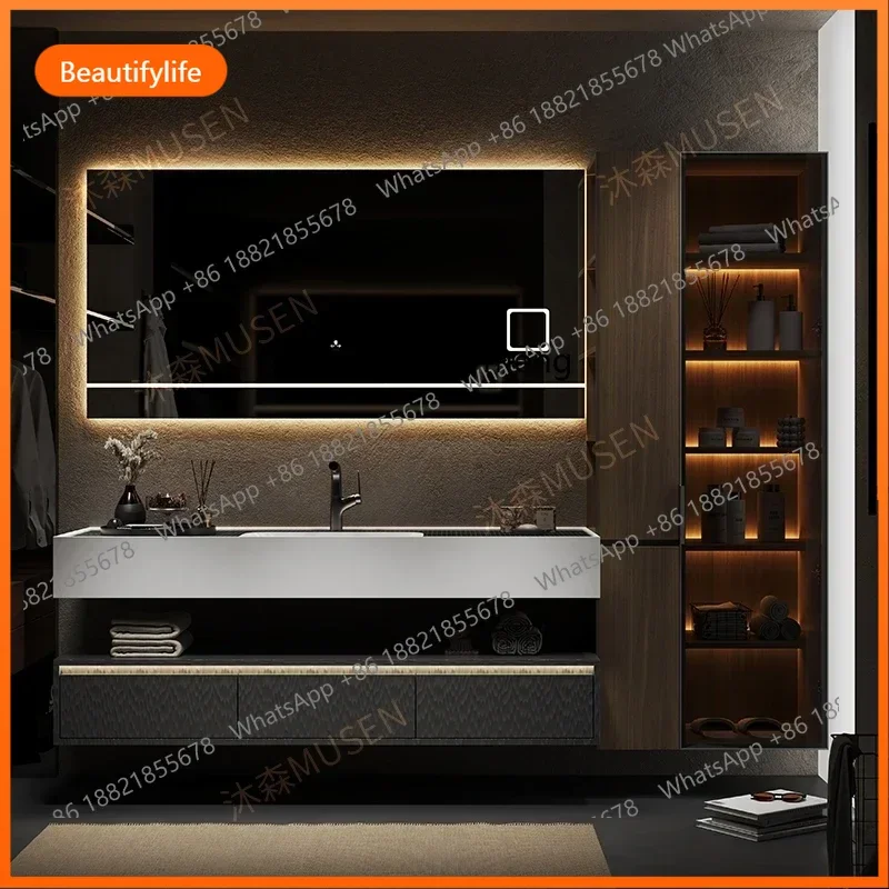 Modern simple hotel wind bathroom cabinet combination rock slab seamless ceramic integrated basin washbasin