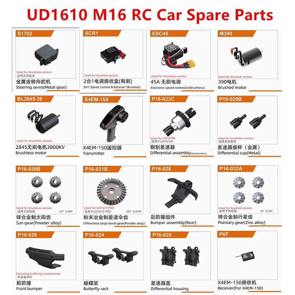 UD1610 UD1610S UD1610PRO M16 RC Car Parts ESC Servo Motor Receiver Control Differential Cup Gear Bumper Butterfly Rack Lamp