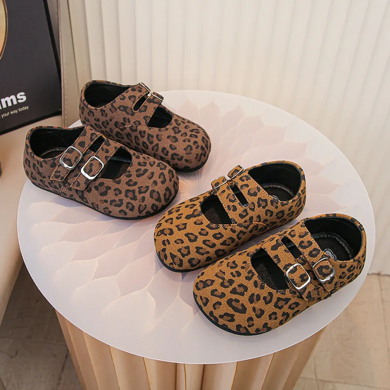 Kids Baby Girls Shoes Fashion Vintage Leopard Print Flat Single Shoes Cute Princess Ballet Mary Janes Shoes Anti-slip Large Size