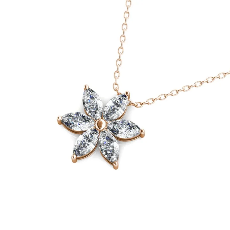 Flower Pendant Necklace Embellished with Swarovski Crystals Copper Rose Gold Plated Women Jewelry Shiny Floral Design