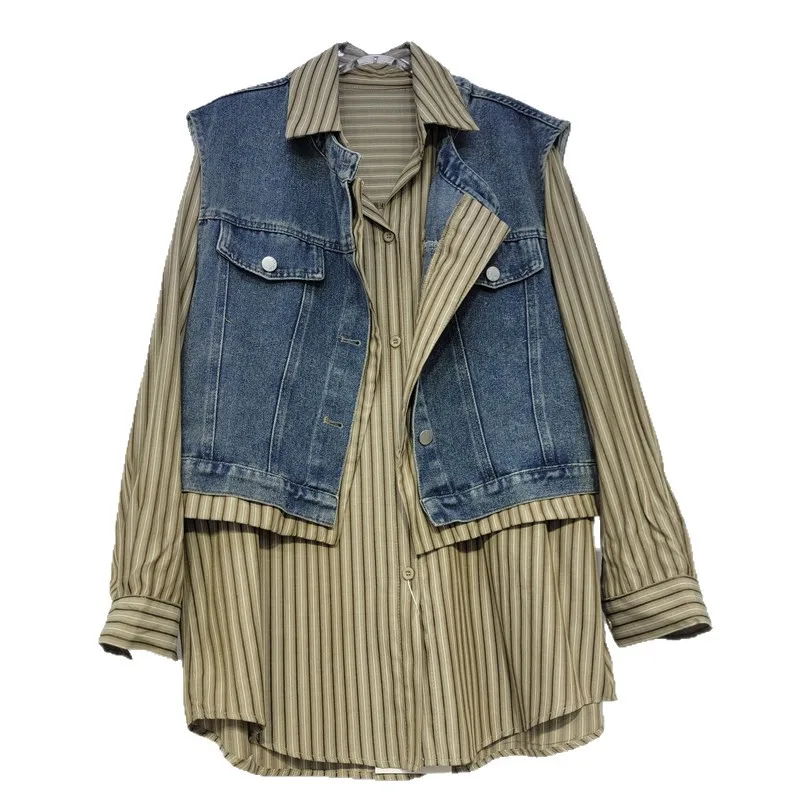 SuperAen-Chaleco vaquero corto de estilo coreano para mujer, camisas holgadas a rayas Vintage simples con cuello de solapa nueva, otoño 2025