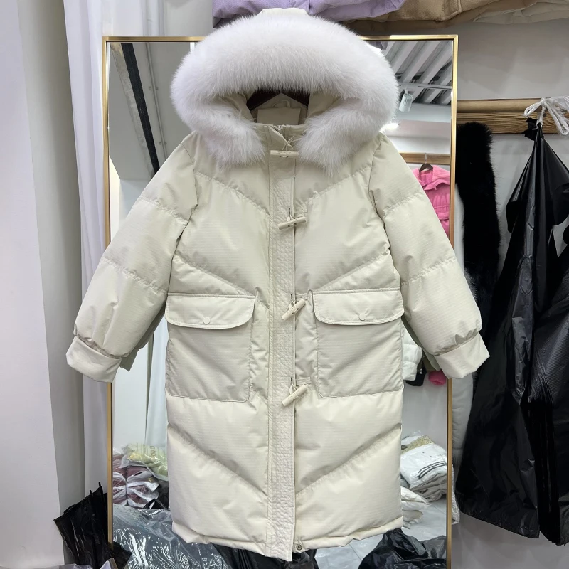 

Korean Style New Down Jackets Women's Fall Winter Simple Solid Color Long Big Fur Collar Thick Thermal Office Lady Overcoats