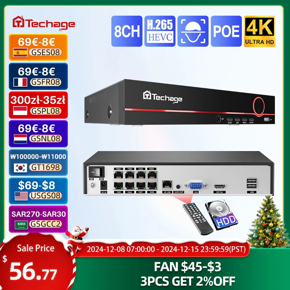 Techage H.265 8CH 4K 2K POE NVR Security Surveillance Network Video Recorder Up to 16CH For CCTV System POE IP Camera Recorder