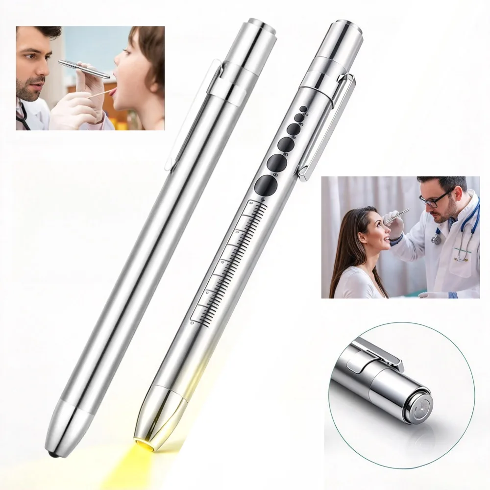 Mini Stainless Steel Medical Pen Flashlight LED Pen Torch with Pupil Measuring Ruler Tail Press Switch for Oral Pupil Exam