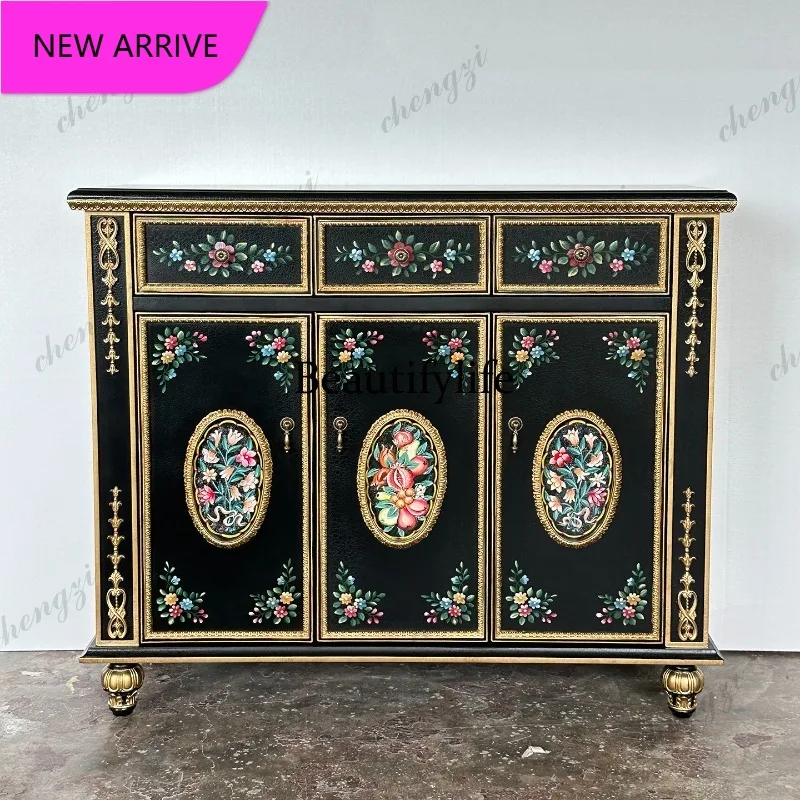 MM85 French hand-painted porch cabinet living room multi-functional locker retro green dining side cabinet