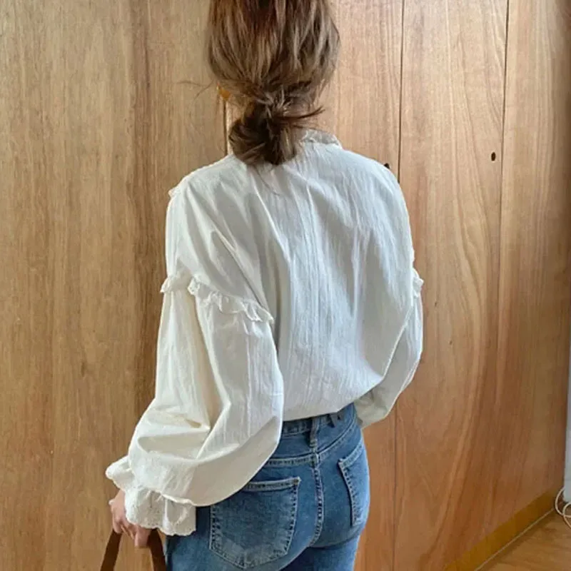 New Spring Summer Vintage Fashion Long Sleeve Women Lace Blouse Elegant Hollow Out Solid Lace Up Bow Loose Blouses Blusas 9580