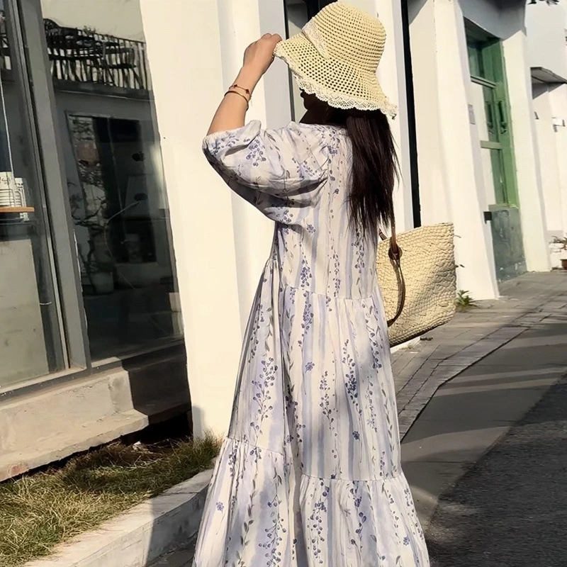 Vestido boho de algodão floral feminino verão solto ajuste casual estilo férias efeito fino elegante vestido maxi estampado
