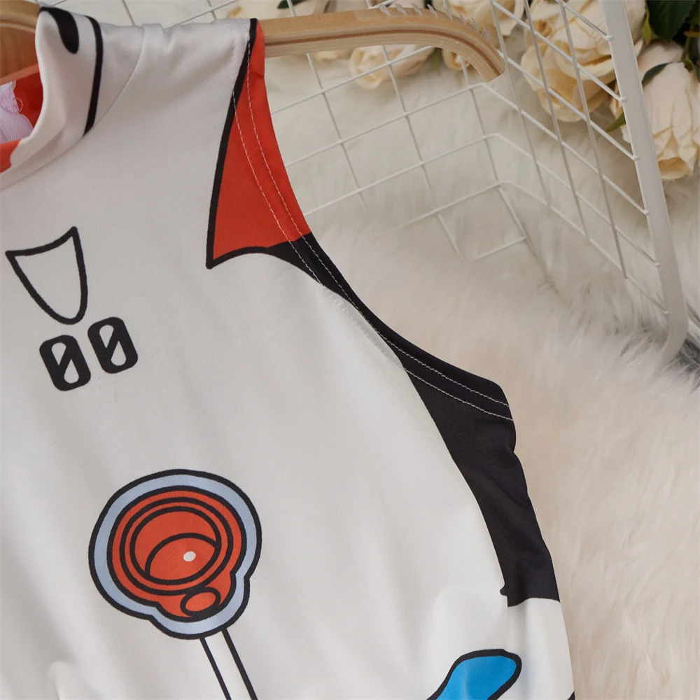 흰색 귀여운 달콤한 만화 인쇄 점프 슈트 하프 하이 칼라 민소매 스키니 란제리 Bodycon 바디 슈트 Rompers Catsuits Clothes