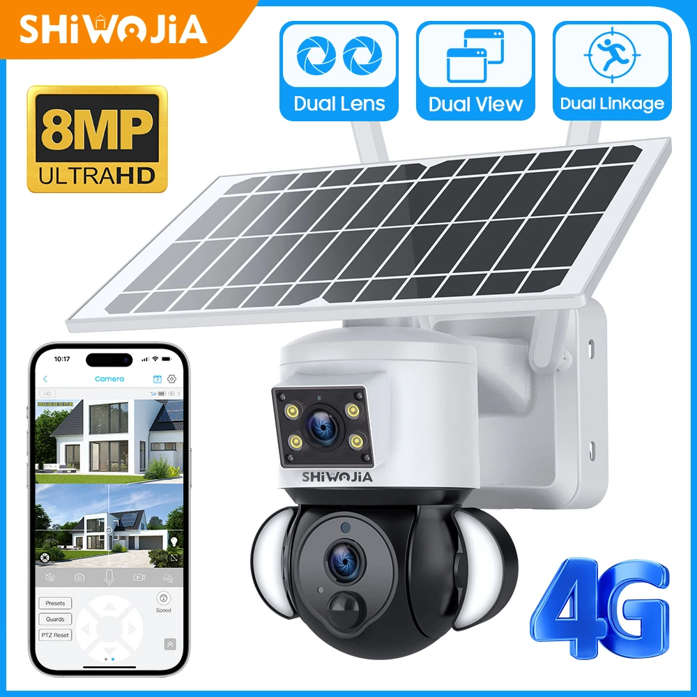 

SHIWOJIA 4K 8MP Solar Camera 4G SIM /WIFI Security Outdoor Surveillance Dual Lens Humanoid Tracking Color Night Visionn PTZ Cam