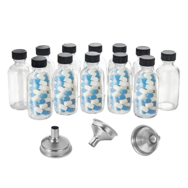 Ingwer-Shots-Flaschen, 12 x Ingwer-Shot-Behältergläser, 2 Unzen/60 ml, kleine, durchsichtige Behälter zum Mitnehmen mit 3 Edelstahl-Trichtern