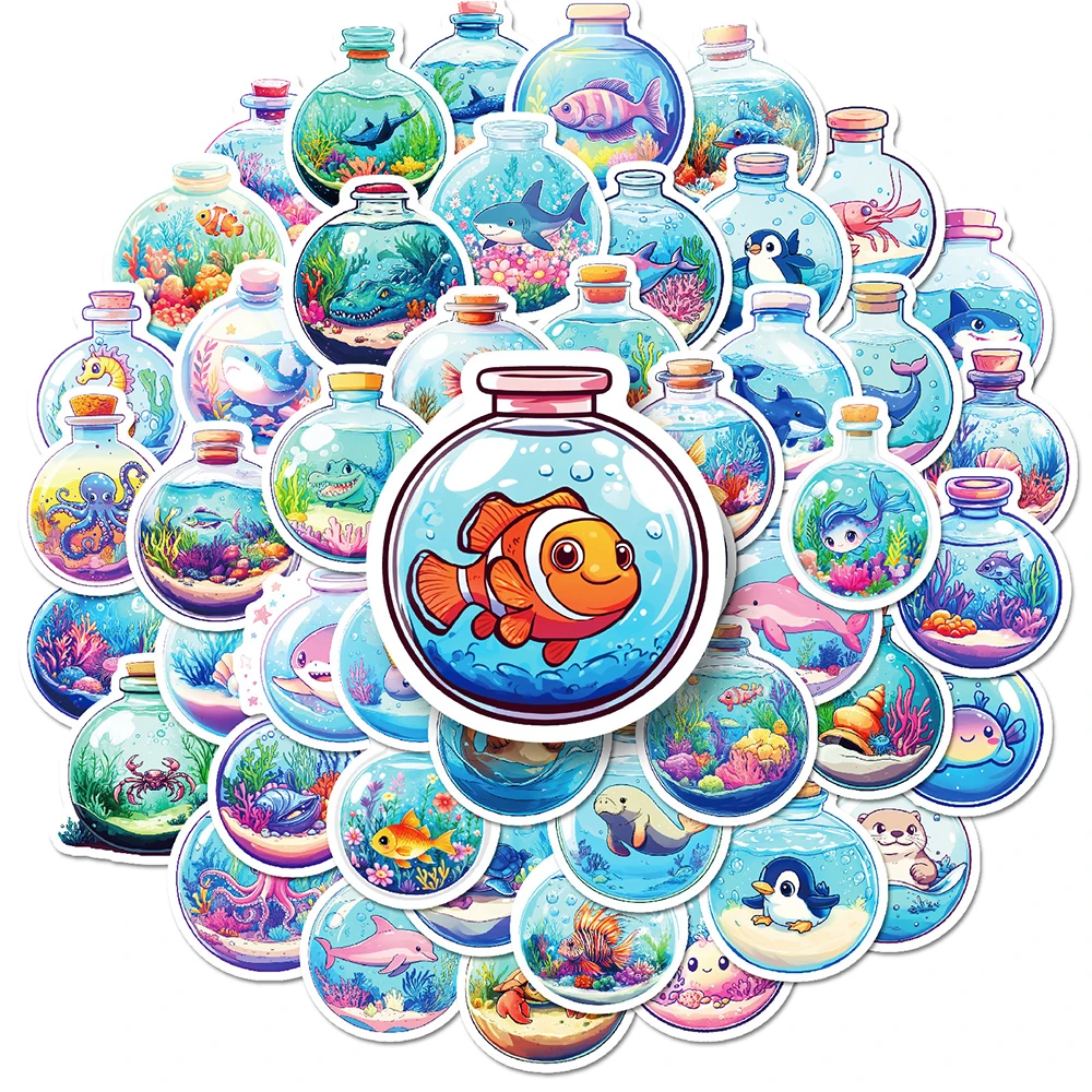 

10/30/50pcs Cute Cartoon Sea World in The Bottle Stickers Kawaii Animal Decals for Suitcase Stationery Phone Decoration Sticker