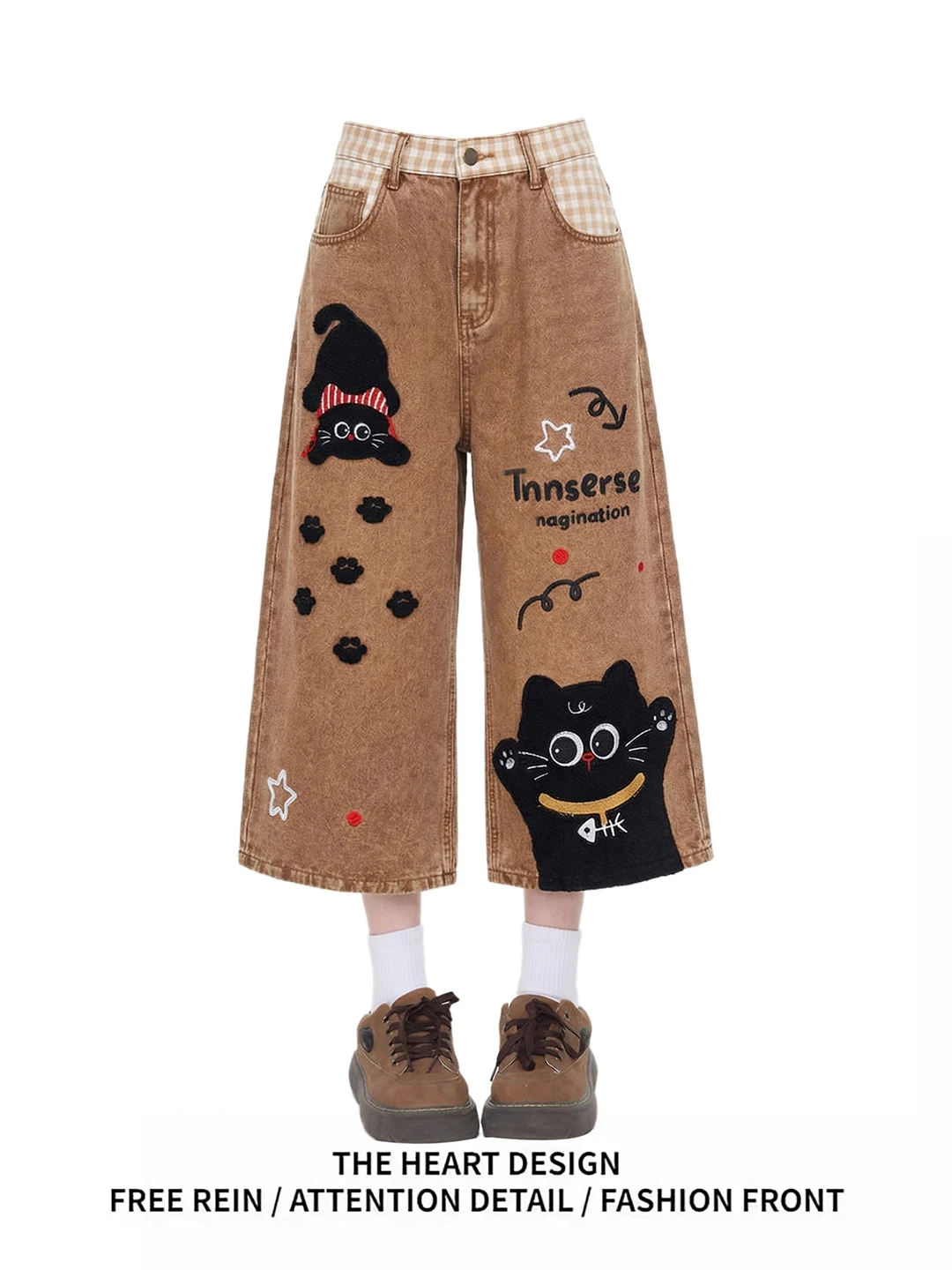 

Retro American Style Patchwork Embroidered Denim Jeans High Waist Wide Leg Short Pants for Women Casual Summer Cotton