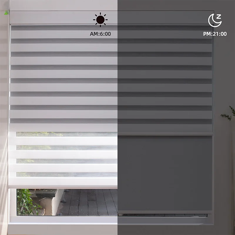 Inteligente motorizado Zebra rolo cortina, cego automático, dia e noite, tons de tecido, Alexa