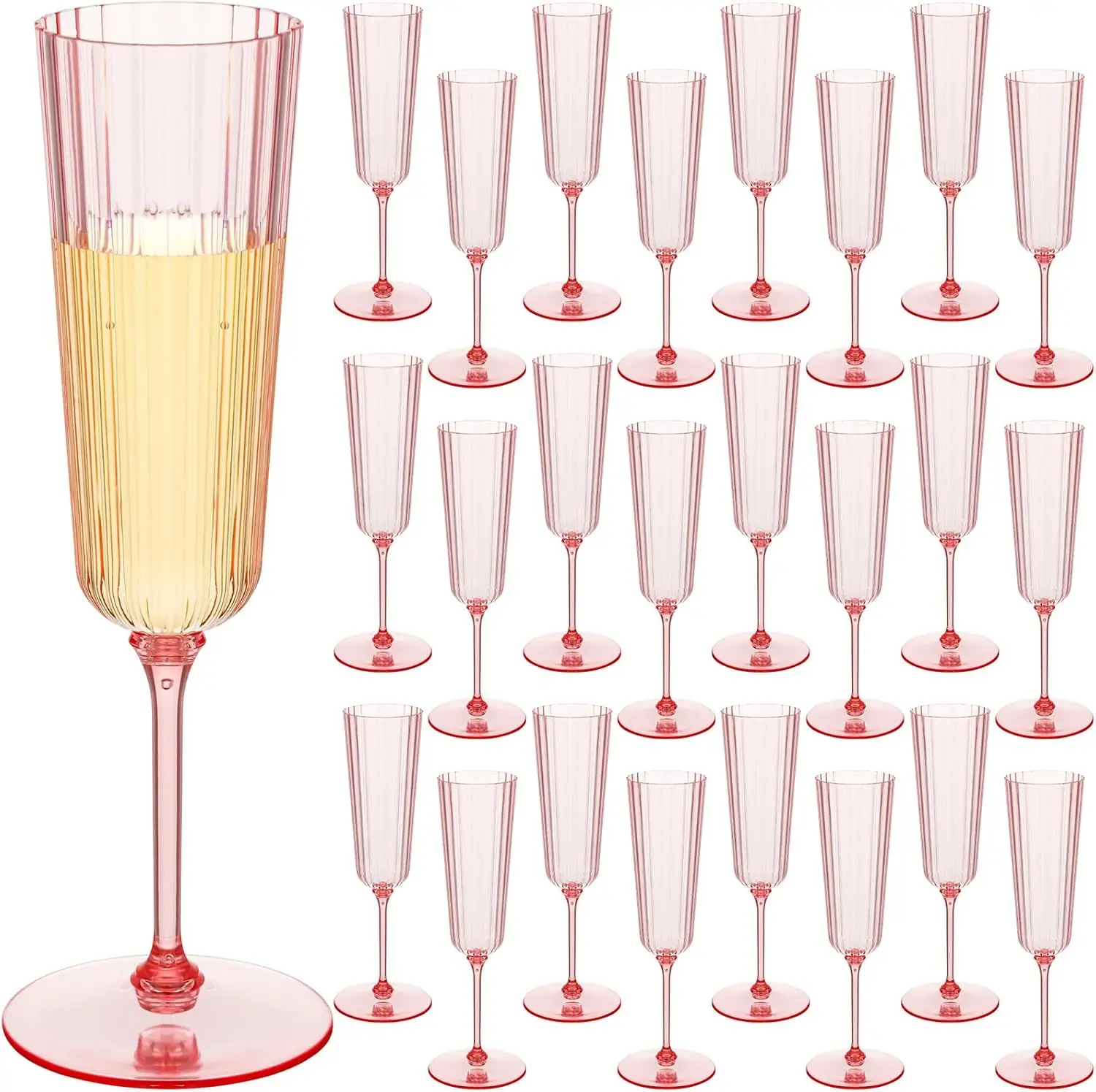 

24 Pcs Plastic Ribbed Champagne Flutes, 6.4 oz Clear Vintage Disposable Glasses for Wedding Birthday Anniversary (Pink)