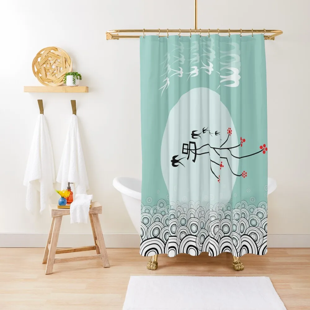 

Oriental Swallows And The Bright Round Moon On Aqua Blue  fatfatin Shower Curtain For Bathroom Curtain