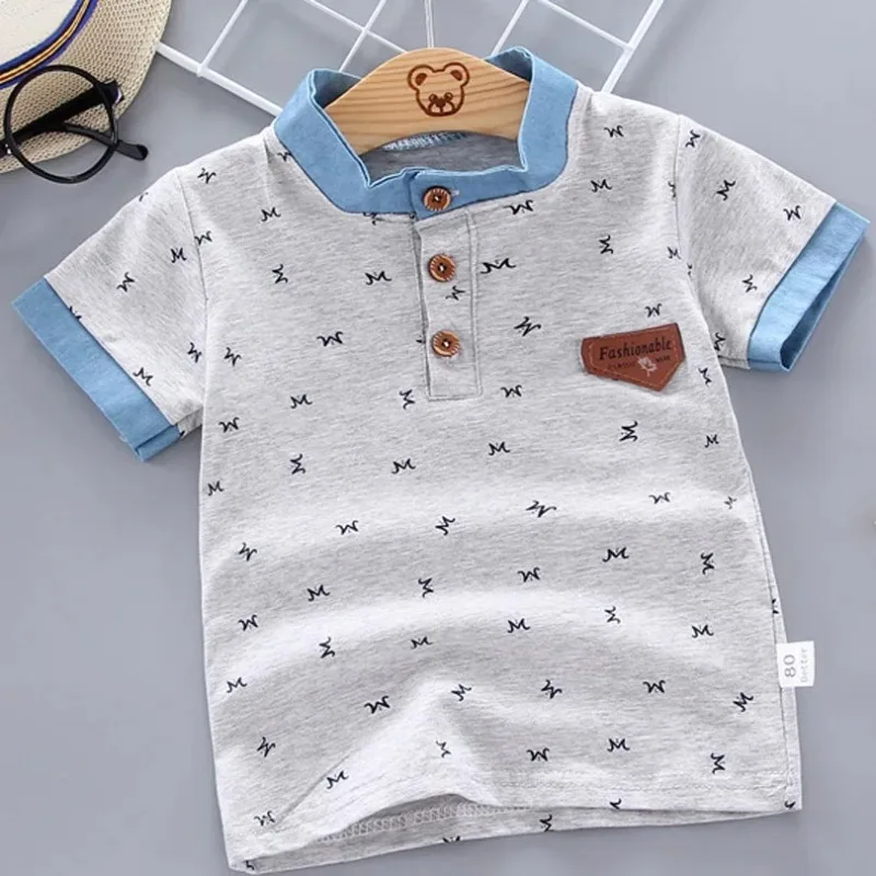 2024 Summer New Children Boys Shirts Letter Print Short Sleeve School Cotton Lapel Tops O-Neck Kids Todder Tee Shirt