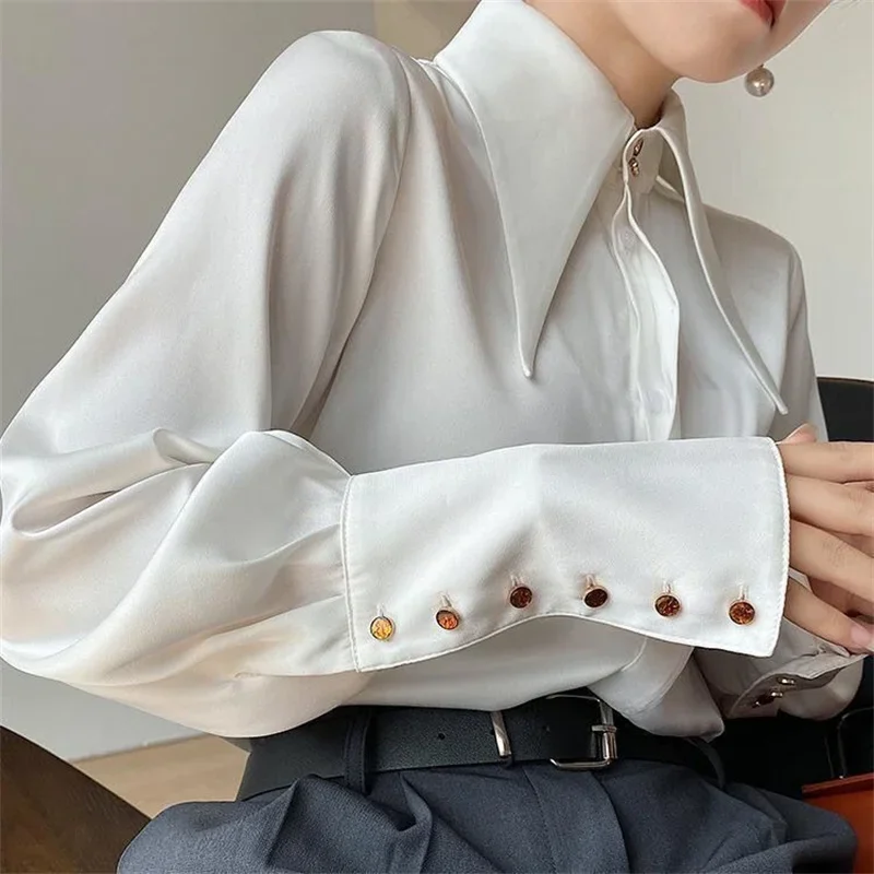 Office Satin Blouses Women Thin Shirts Ol Design Pointed Collar Work Blusas Solid Color Fashion Long Sleeve Spring Tops B185