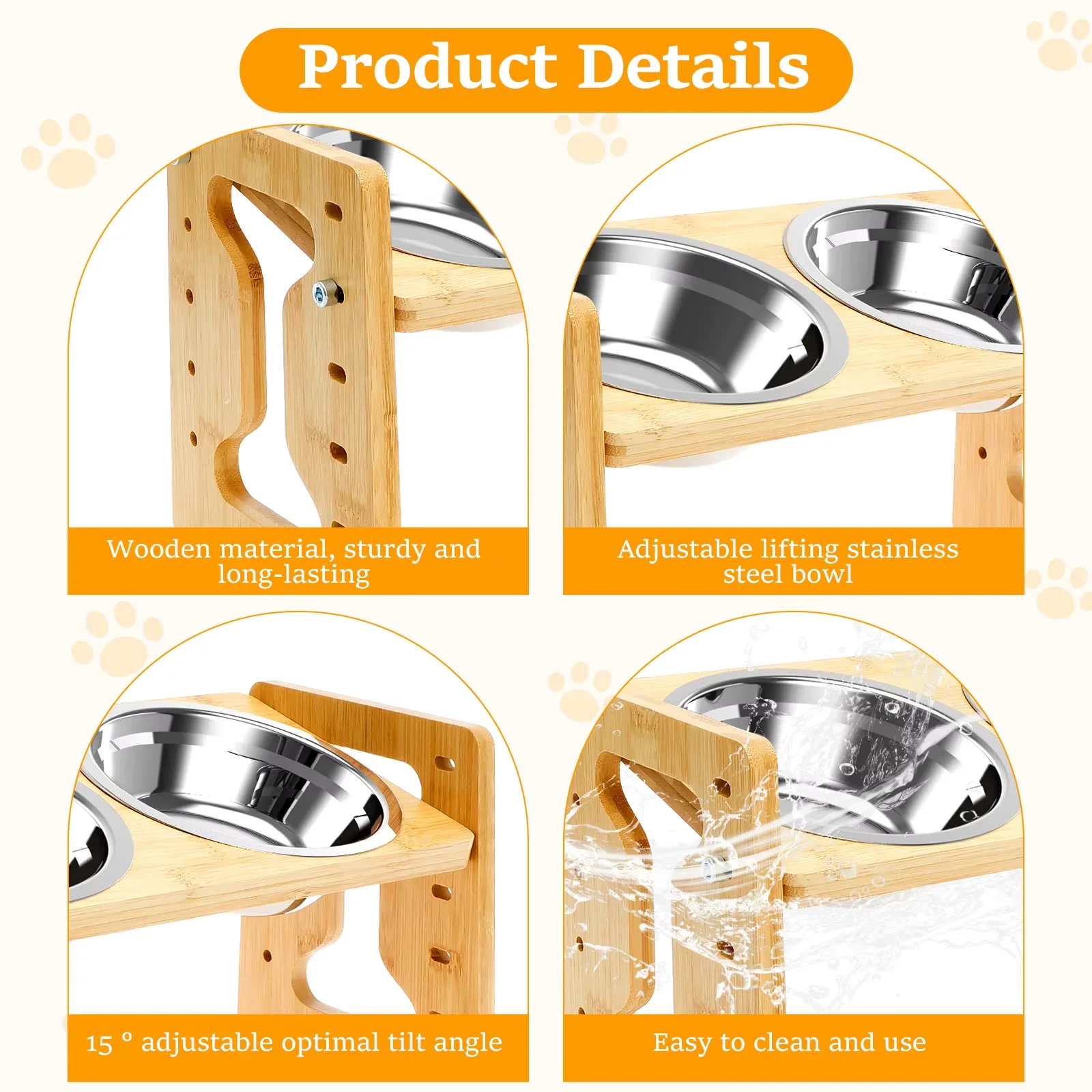Wooden Elevated Dog Cat Feeder Stand Adjustable Raised Double Stainless Steel Bowls 15°Tilt Anti Slip Pet Food Water Bowl view 5