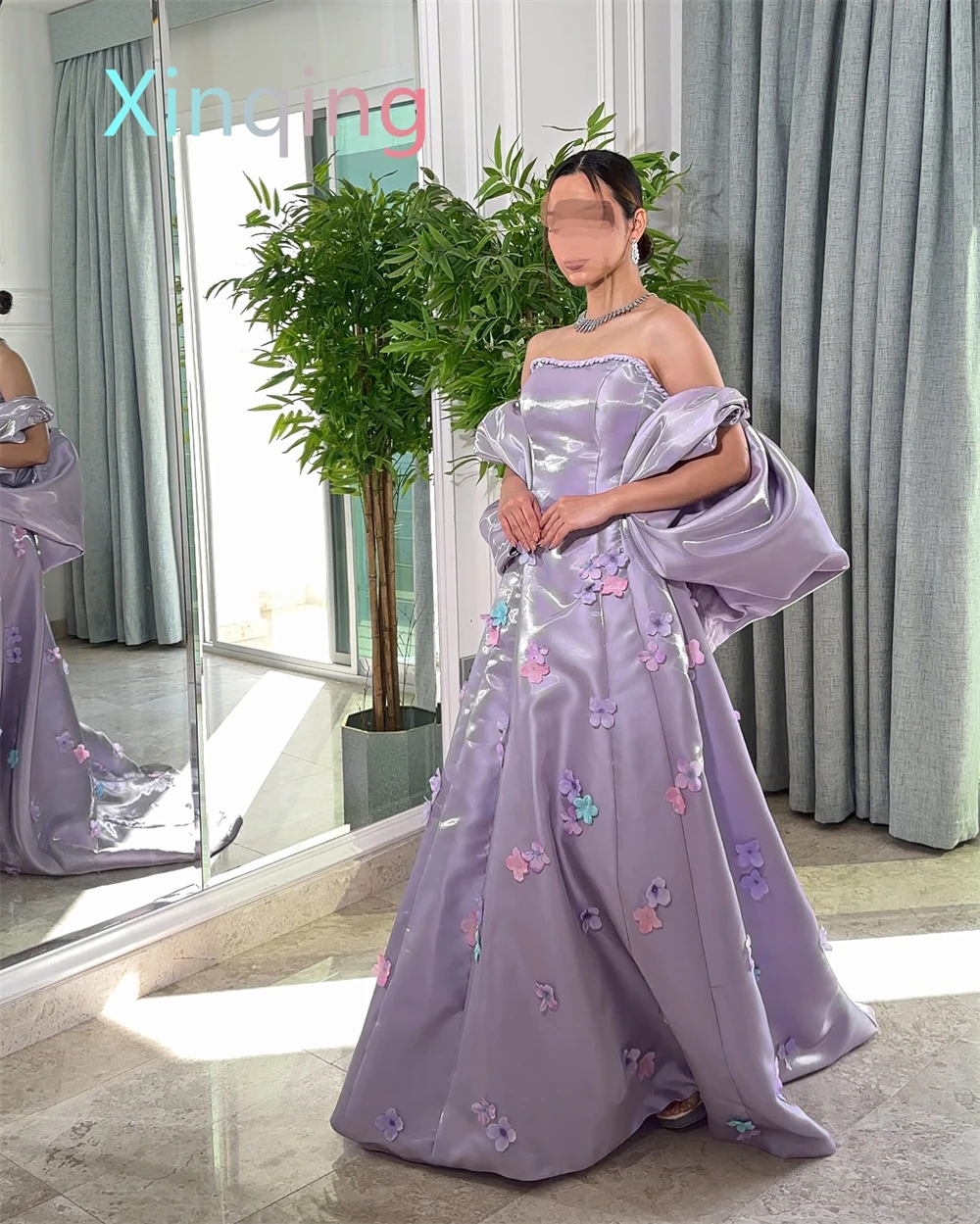 Customized  Exquisite Light Purple Satin Evening DressTemperament Strapless Sleeveless Prom Dress High Quality Celebrit image 6