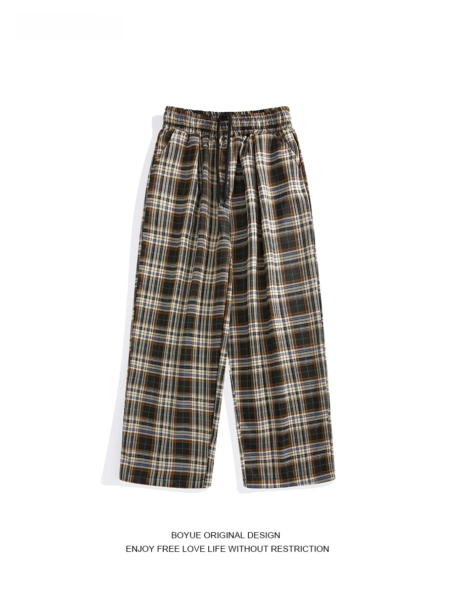 

Boyue Retro Hong Kong Sle Comfortable Plaid Straight Leg Men's Casual Pants Coffee Color Youthful Vitali All Seasons