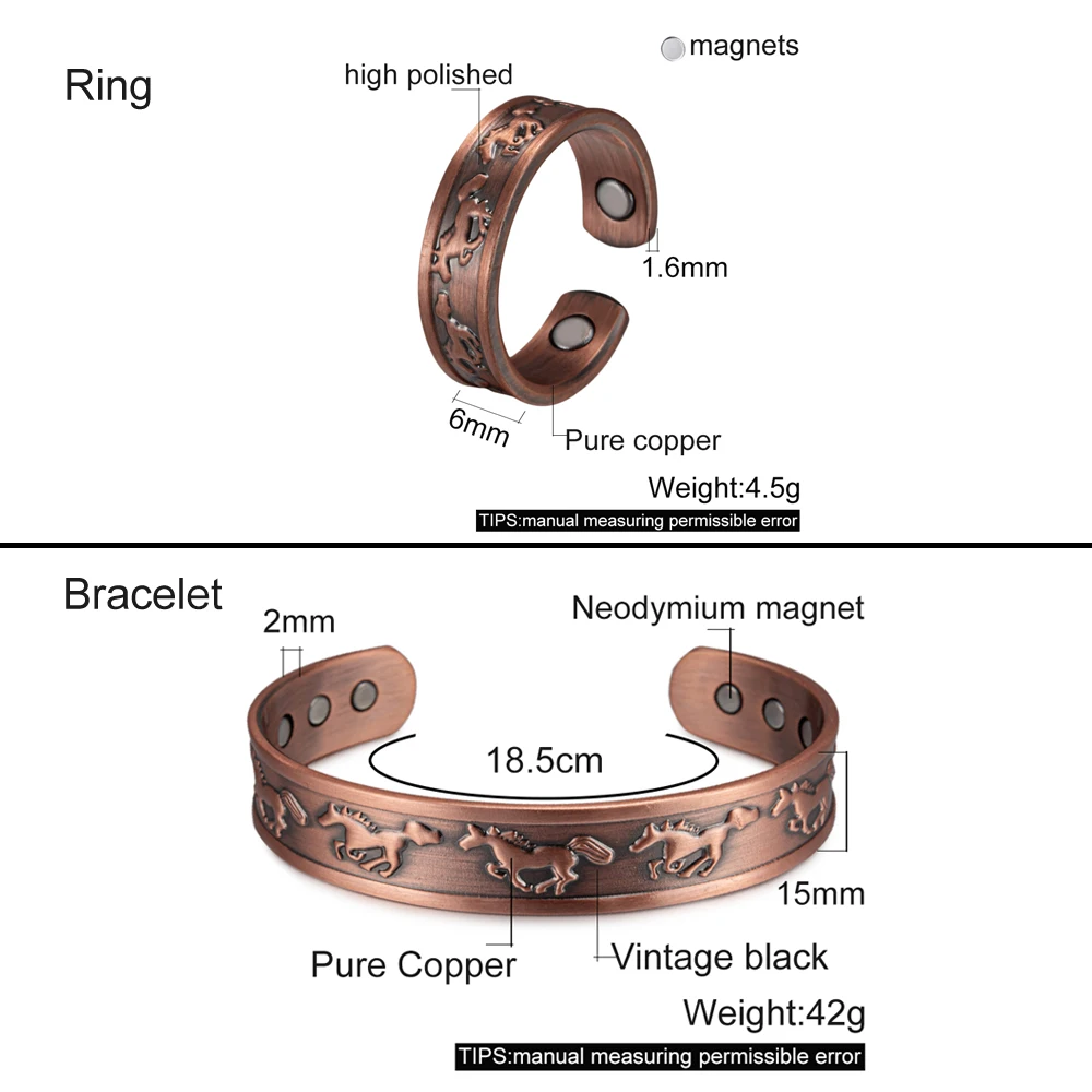 Vinterly Pure Copper Jewelry Set Magnetic Lucky Horse Bracelets Ring Health Energy Adjustable Vintage Jewelry-set Cuff Resizable