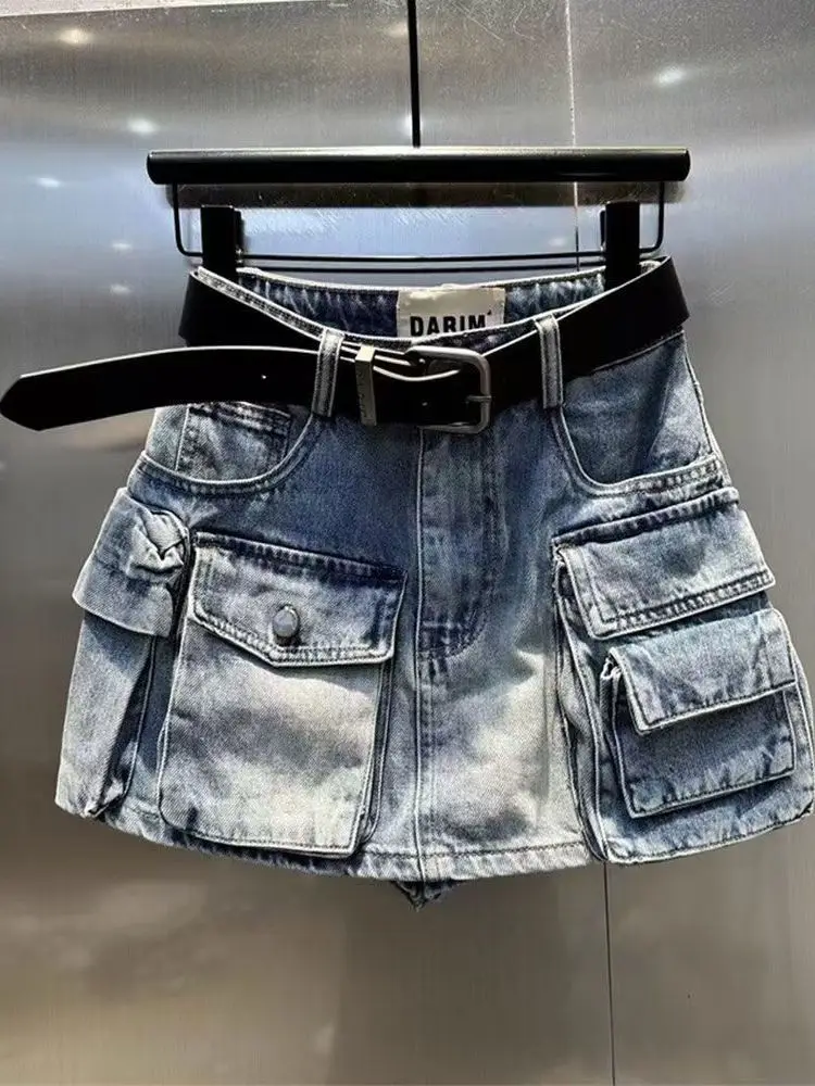 American Retro Spicy Girl Multi-Pocket 3D Workwear Denim  Skirt Women's High Waist Slimming Skirts Casual Wear