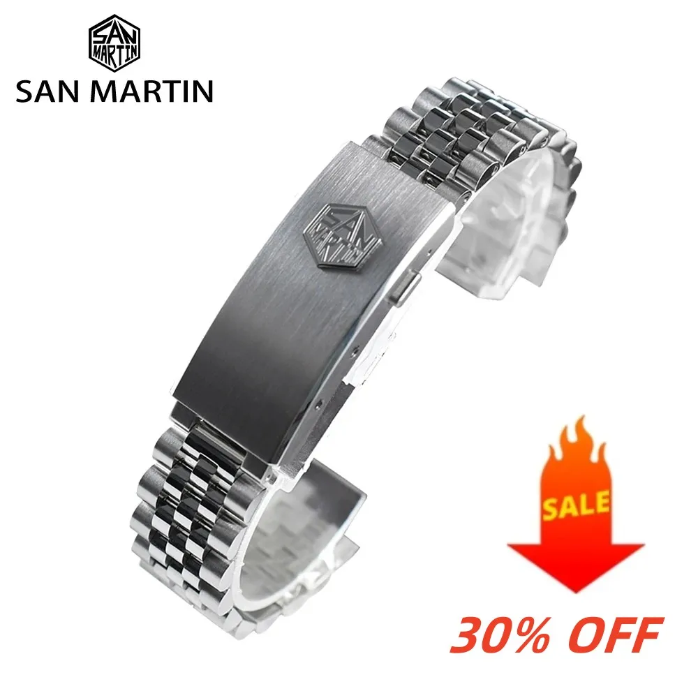 

San Martin Jubilee Bracelet Stainless Steel Watch Parts For 20mm Curved End Links Fly Adjustable Clasp For SN0008 SN0128