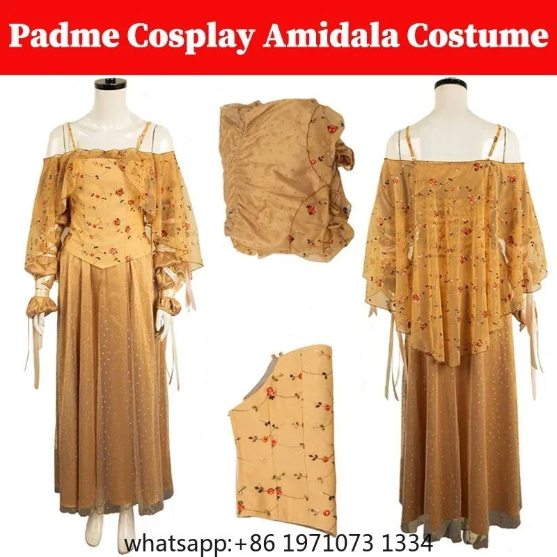 Padme Cosplay Amidala Yellow Dress Costume Movie Space Battle Outfits Women Picnic Skirts Girls Roleplay Halloween Fantasia Suit